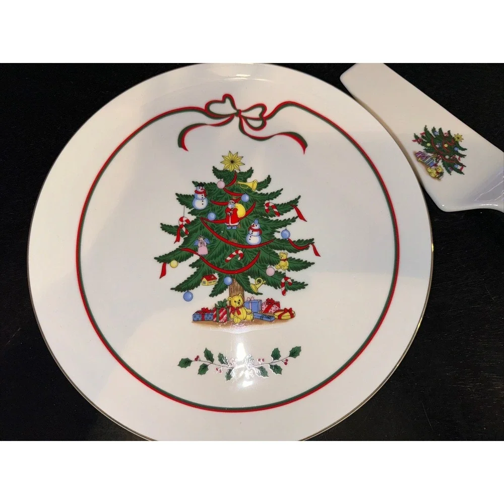 Vintage Christmas Tree Pie Cake Dessert‎ Plate Utensil Server Porcelain Japan